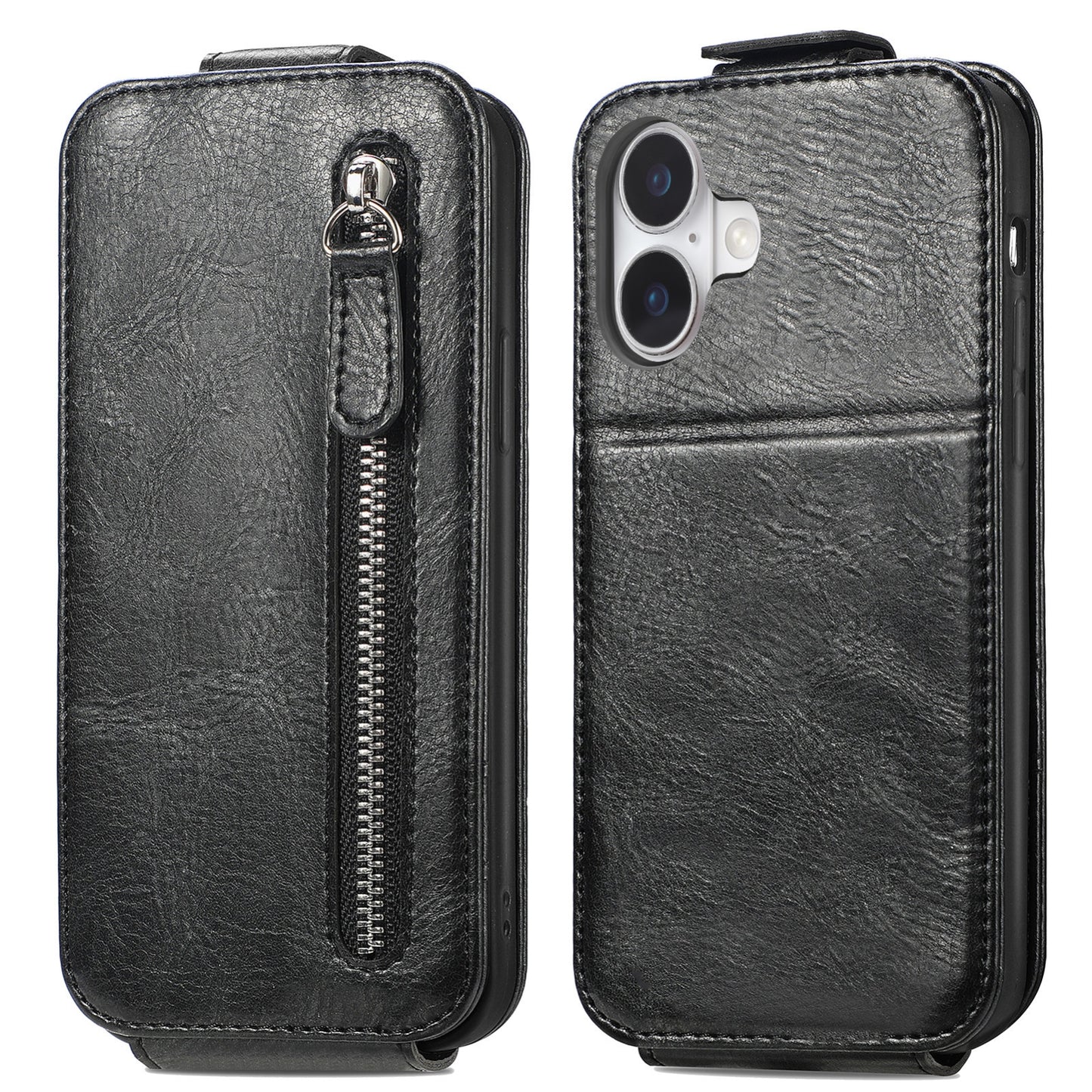 iPhone 16 Plus Zipper Wallet Case - Vertical Flip Leather Phone Cover with Multiple Card Slots and Stand