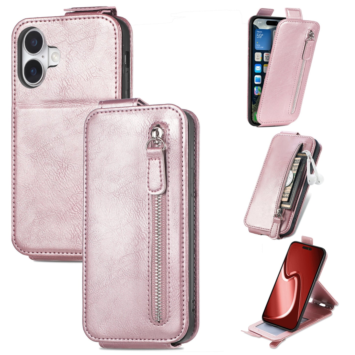 iPhone 16 Plus Zipper Wallet Case - Vertical Flip Leather Phone Cover with Multiple Card Slots and Stand