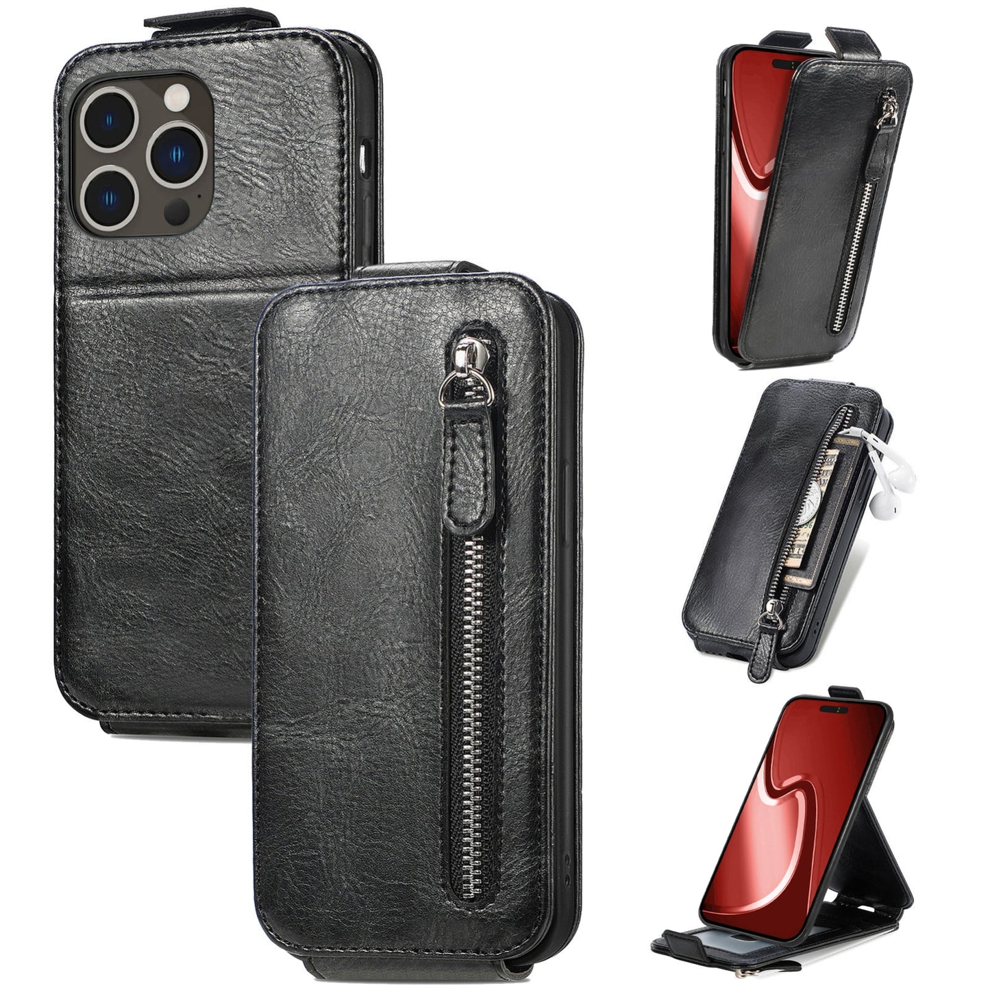 iPhone 16 Pro Max Zipper Wallet Case - Vertical Flip Leather Phone Cover with Multiple Card Slots and Stand