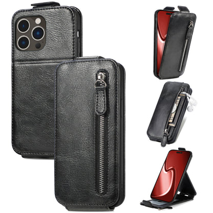 iPhone 16 Pro Max Zipper Wallet Case - Vertical Flip Leather Phone Cover with Multiple Card Slots and Stand