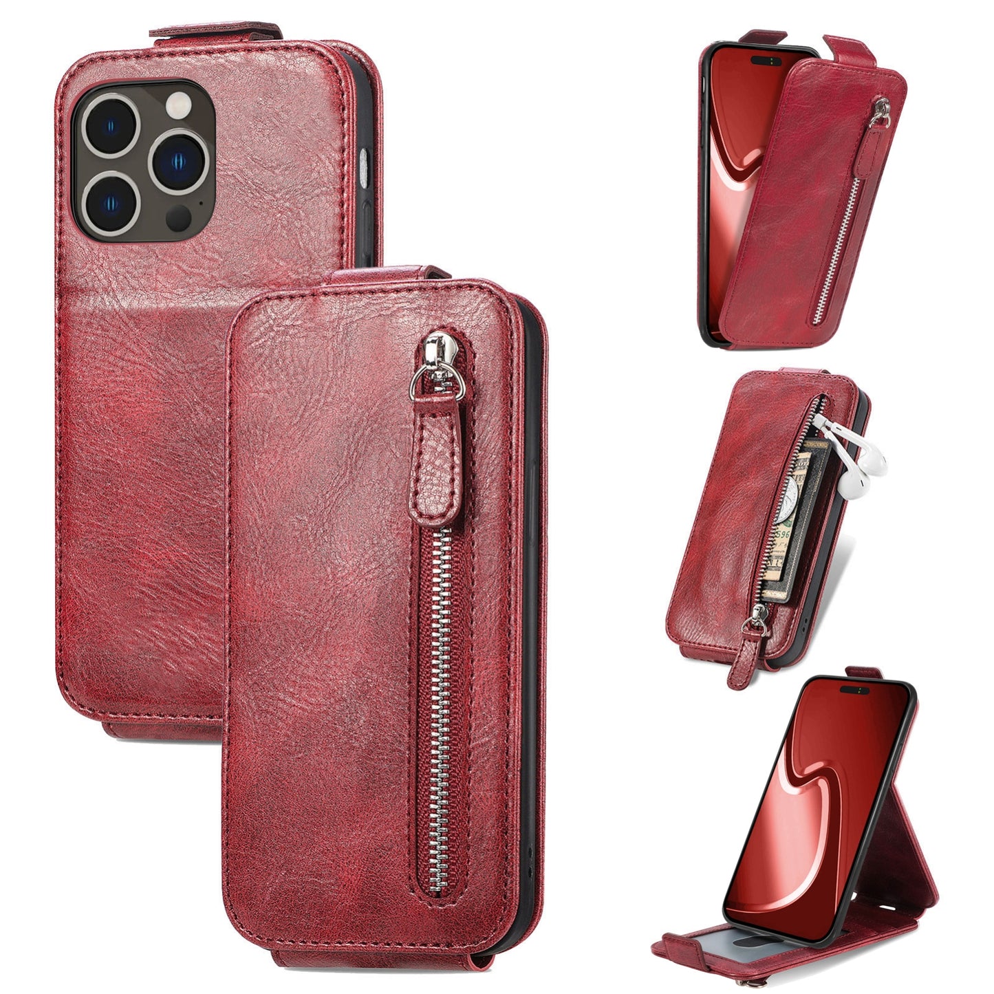 iPhone 16 Pro Max Zipper Wallet Case - Vertical Flip Leather Phone Cover with Multiple Card Slots and Stand