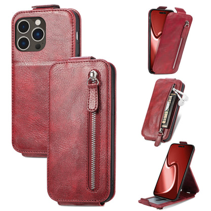 iPhone 16 Pro Max Zipper Wallet Case - Vertical Flip Leather Phone Cover with Multiple Card Slots and Stand