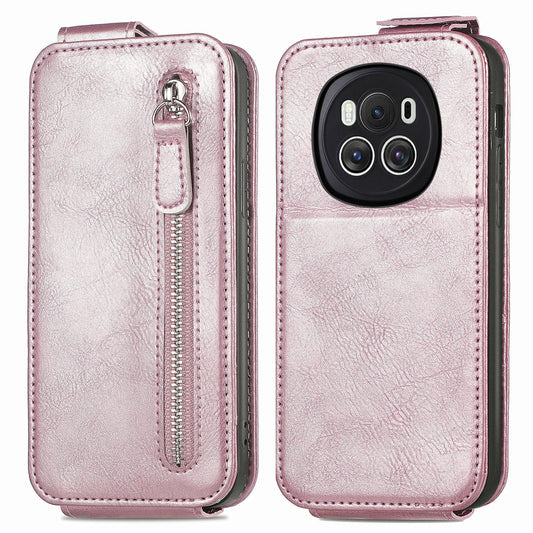 Honor Magic6 Zipper Wallet Case - Vertical Flip Leather Phone Cover with Multiple Card Slots and Stand