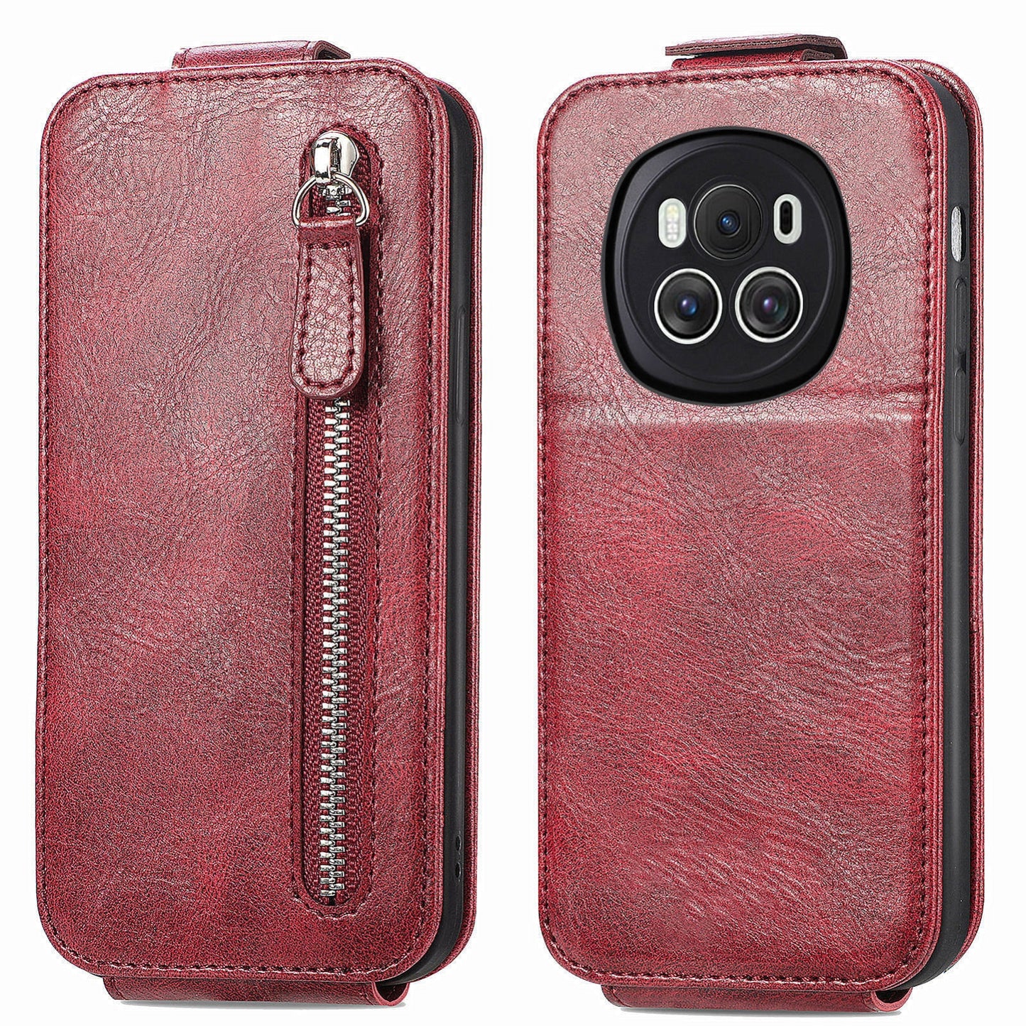 Honor Magic6 Zipper Wallet Case - Vertical Flip Leather Phone Cover with Multiple Card Slots and Stand