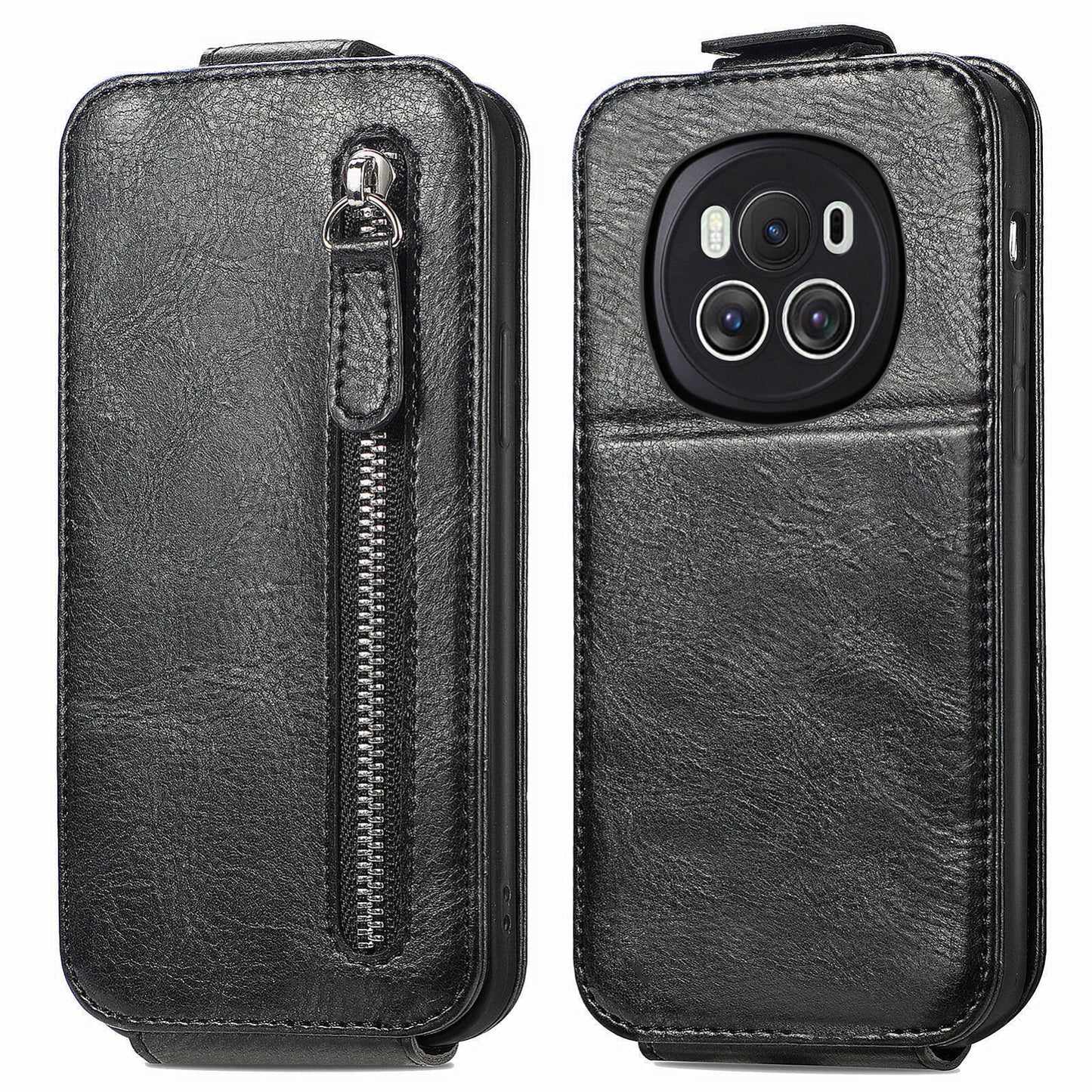 Honor Magic6 Zipper Wallet Case - Vertical Flip Leather Phone Cover with Multiple Card Slots and Stand