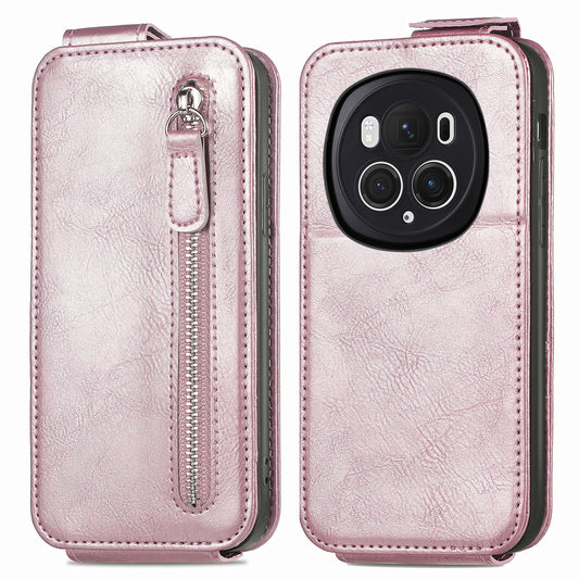 Honor Magic6 Pro Zipper Wallet Case - Vertical Flip Leather Phone Cover with Multiple Card Slots and Stand