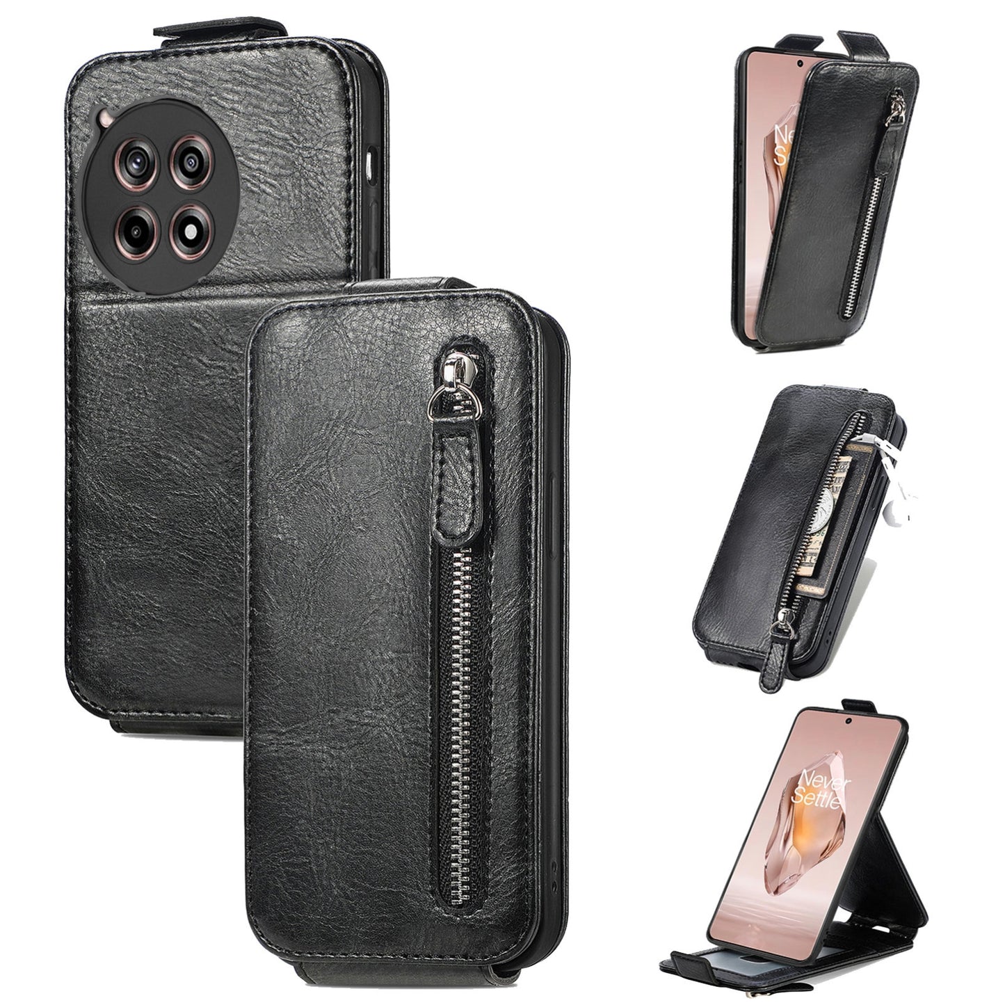OnePlus Ace 3 Zipper Wallet Case - Vertical Flip Leather Phone Cover with Multiple Card Slots and Stand