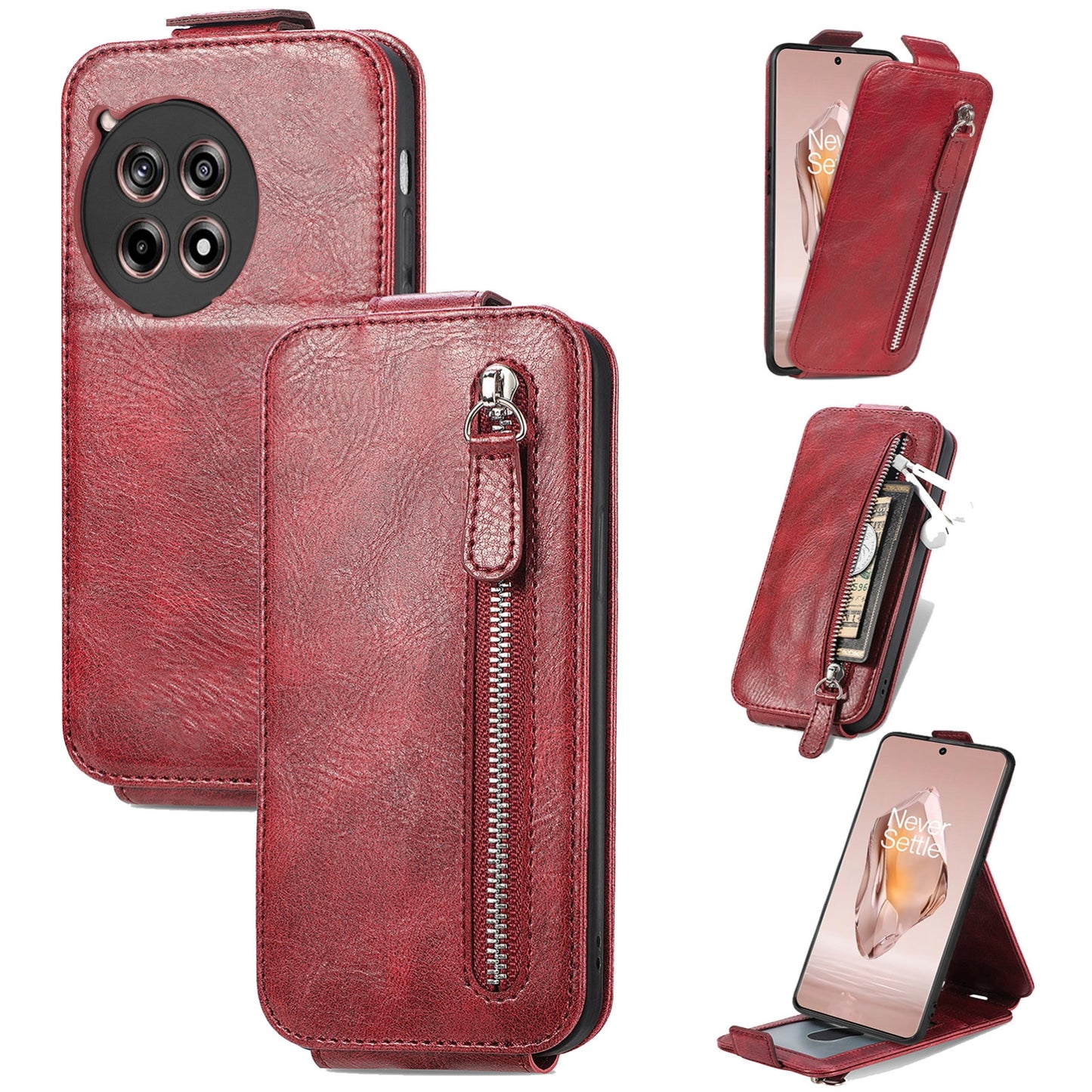 OnePlus Ace 3 Zipper Wallet Case - Vertical Flip Leather Phone Cover with Multiple Card Slots and Stand