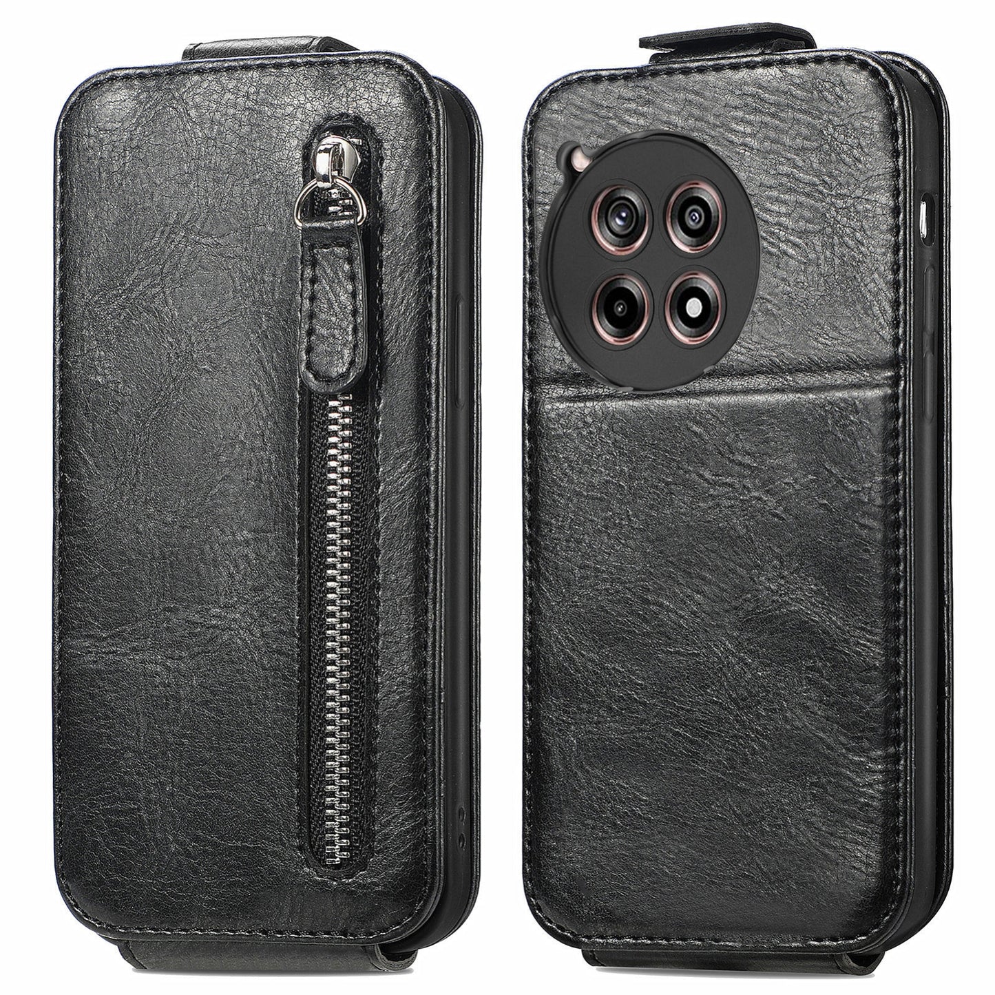 OnePlus 12R Zipper Wallet Case - Vertical Flip Leather Phone Cover with Multiple Card Slots and Stand