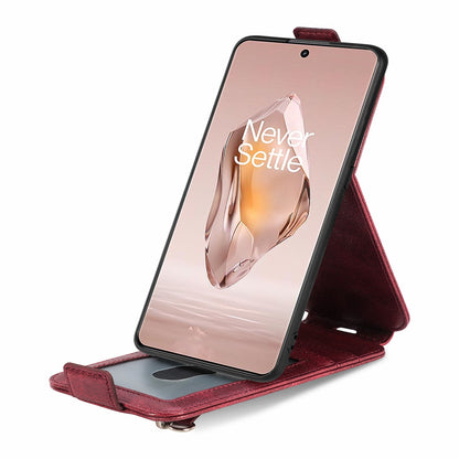OnePlus 12R Zipper Wallet Case - Vertical Flip Leather Phone Cover with Multiple Card Slots and Stand