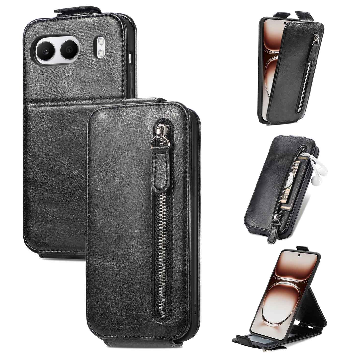OnePlus Nord 4 Zipper Wallet Case - Vertical Flip Leather Phone Cover with Multiple Card Slots and Stand