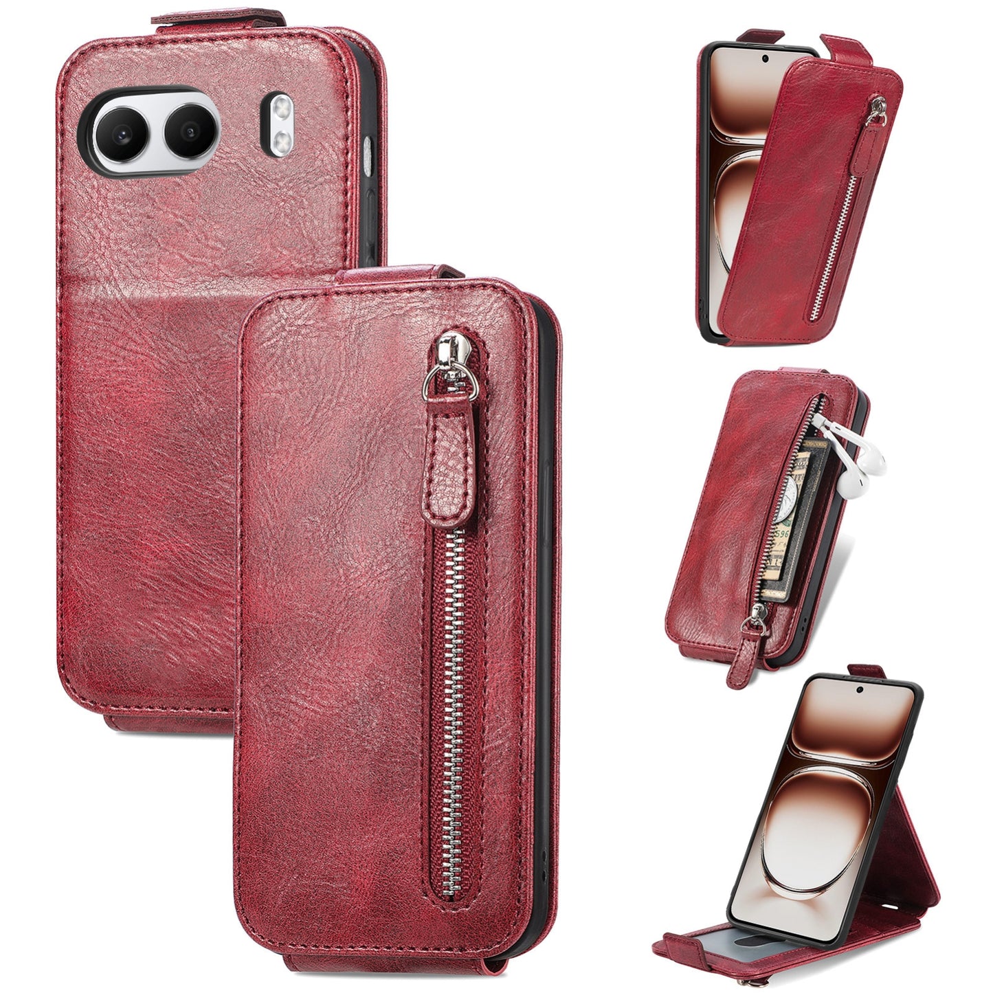 OnePlus Nord 4 Zipper Wallet Case - Vertical Flip Leather Phone Cover with Multiple Card Slots and Stand