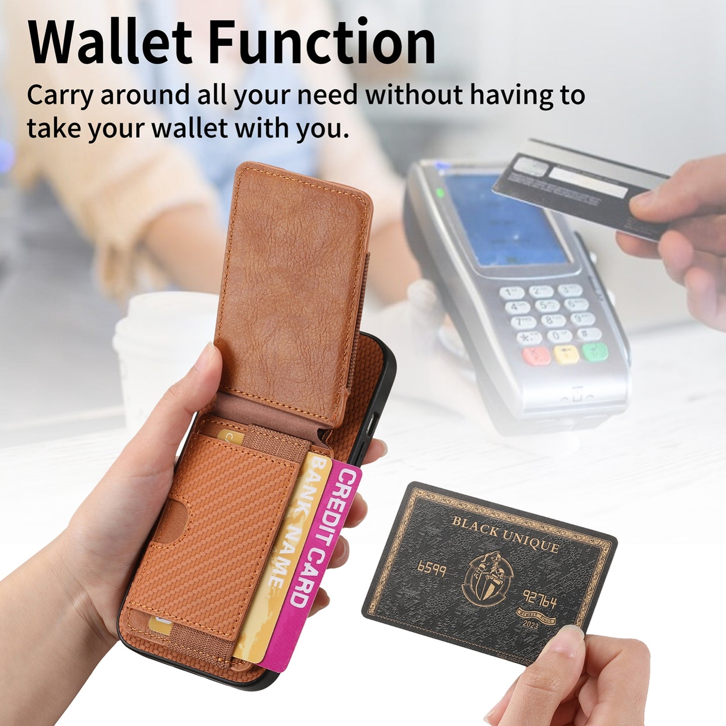 iPhone 15 Pro Vertical Flip Wallet Stand Phone Case with Carbon Fibre Pattern