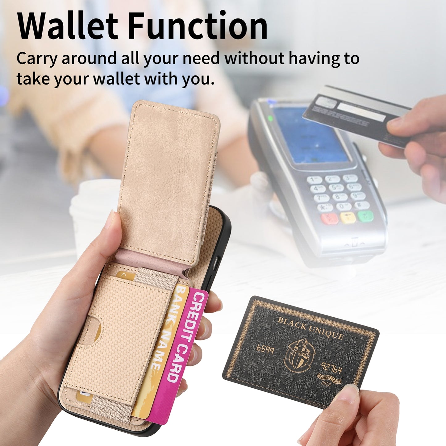 iPhone 15 Pro Vertical Flip Wallet Stand Phone Case with Carbon Fibre Pattern