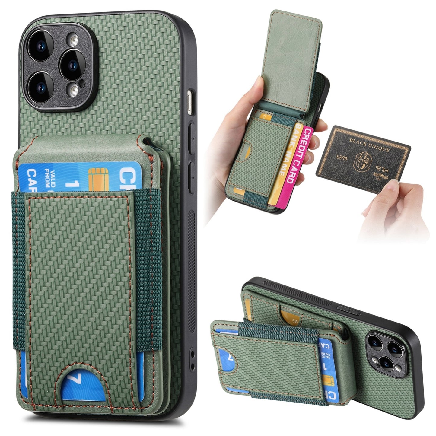 iPhone 15 Pro Vertical Flip Wallet Stand Phone Case with Carbon Fibre Pattern