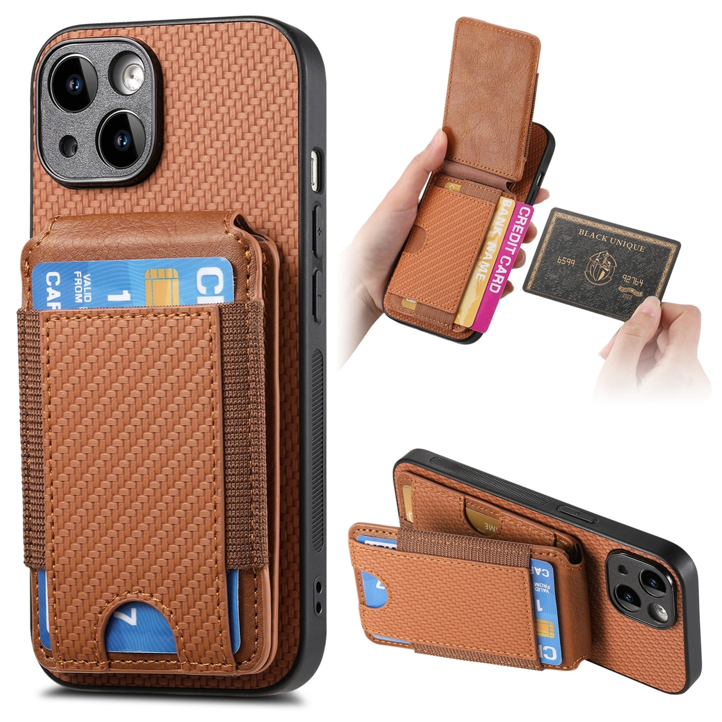 iPhone 15 Plus Vertical Flip Wallet Stand Phone Case with Carbon Fibre Pattern