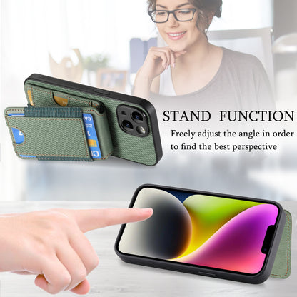 iPhone 15 Vertical Flip Wallet Stand Phone Case with Carbon Fibre Pattern