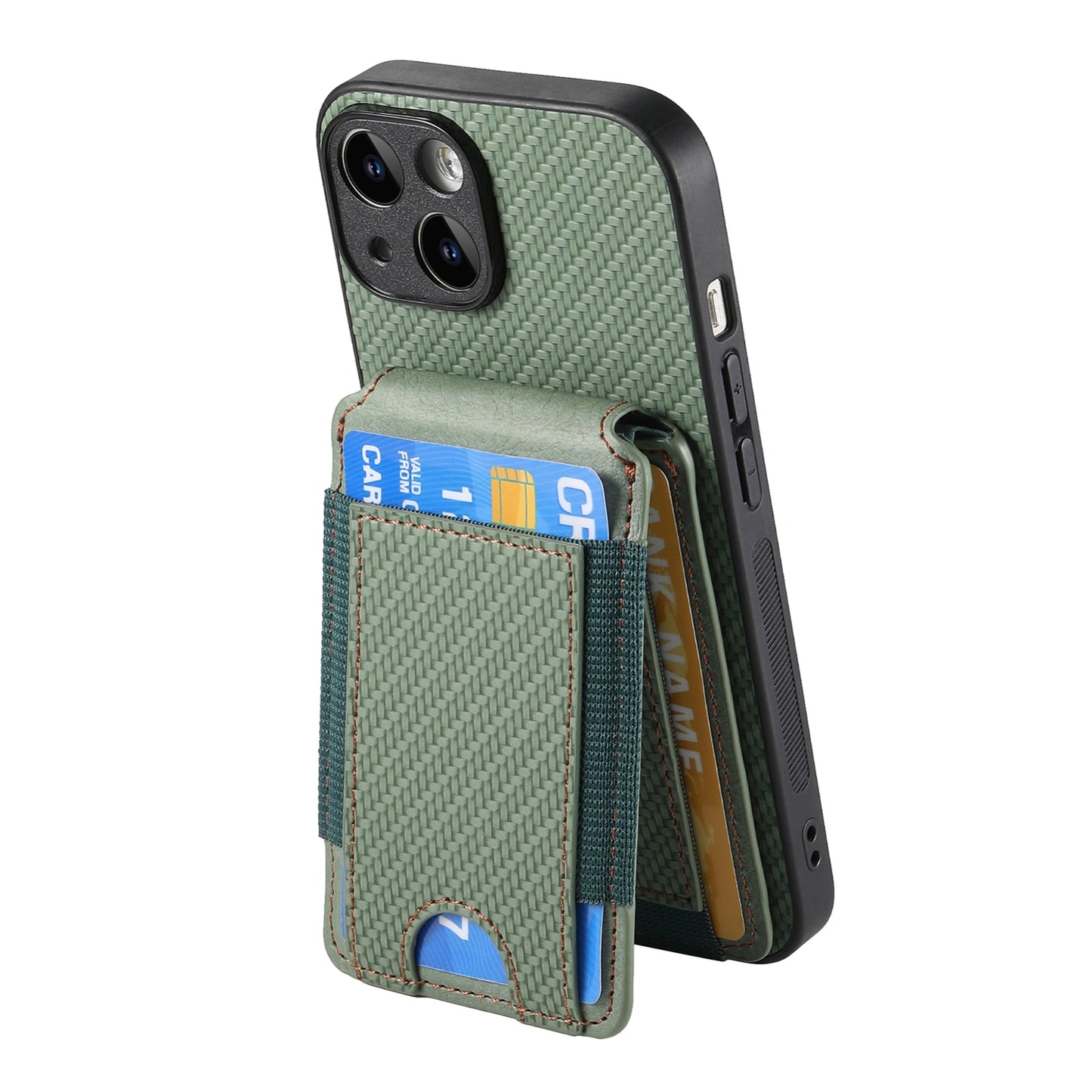 iPhone 14 Plus Vertical Flip Wallet Stand Phone Case with Carbon Fibre Pattern