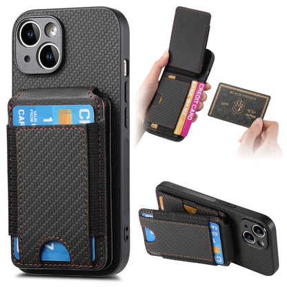 iPhone 14 Vertical Flip Wallet Stand Phone Case with Carbon Fibre Pattern