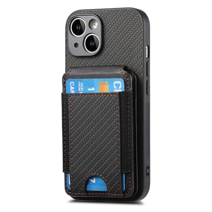 iPhone 14 Vertical Flip Wallet Stand Phone Case with Carbon Fibre Pattern