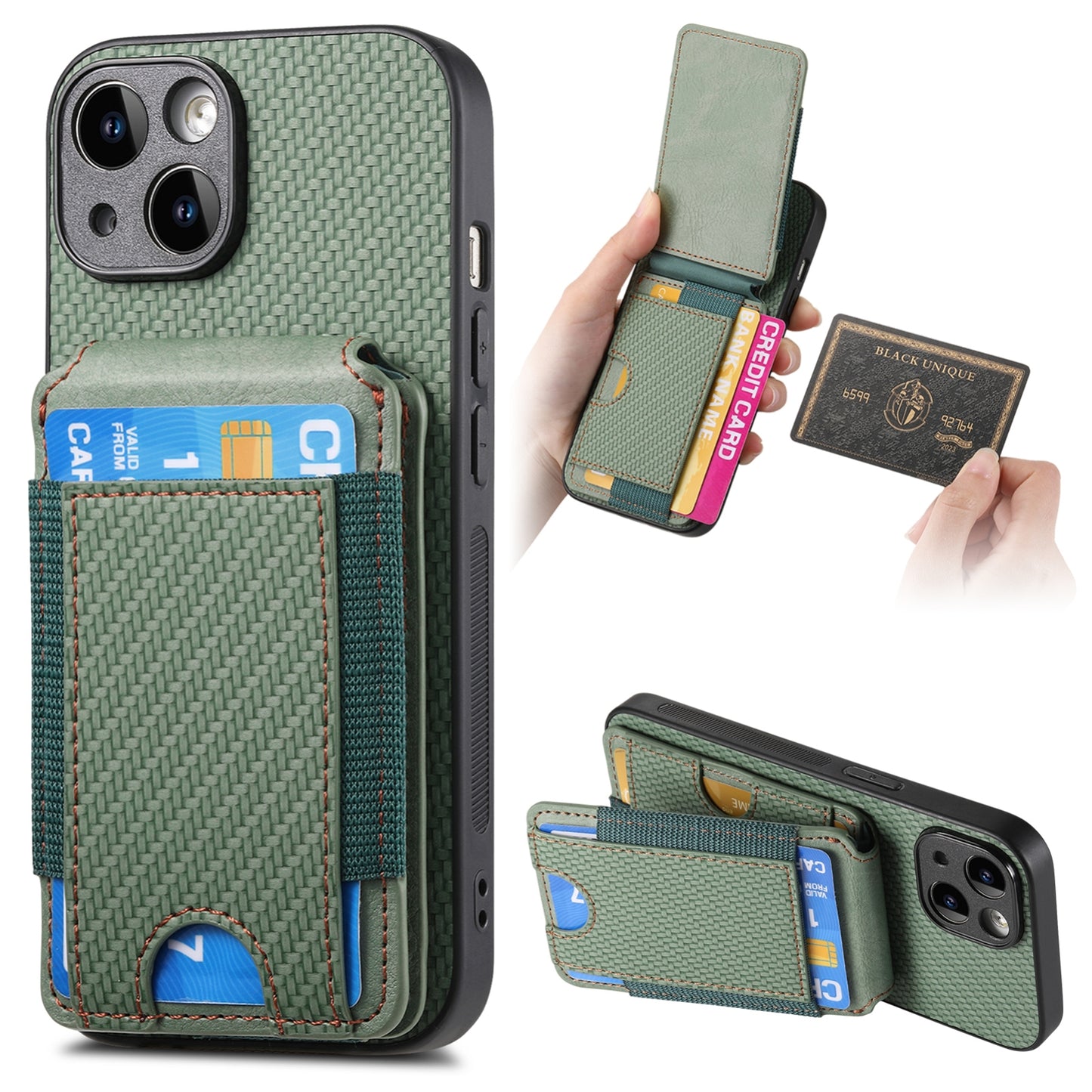 iPhone 14 Vertical Flip Wallet Stand Phone Case with Carbon Fibre Pattern