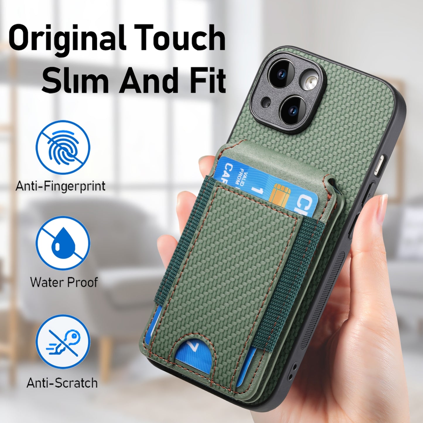 iPhone 14 Vertical Flip Wallet Stand Phone Case with Carbon Fibre Pattern