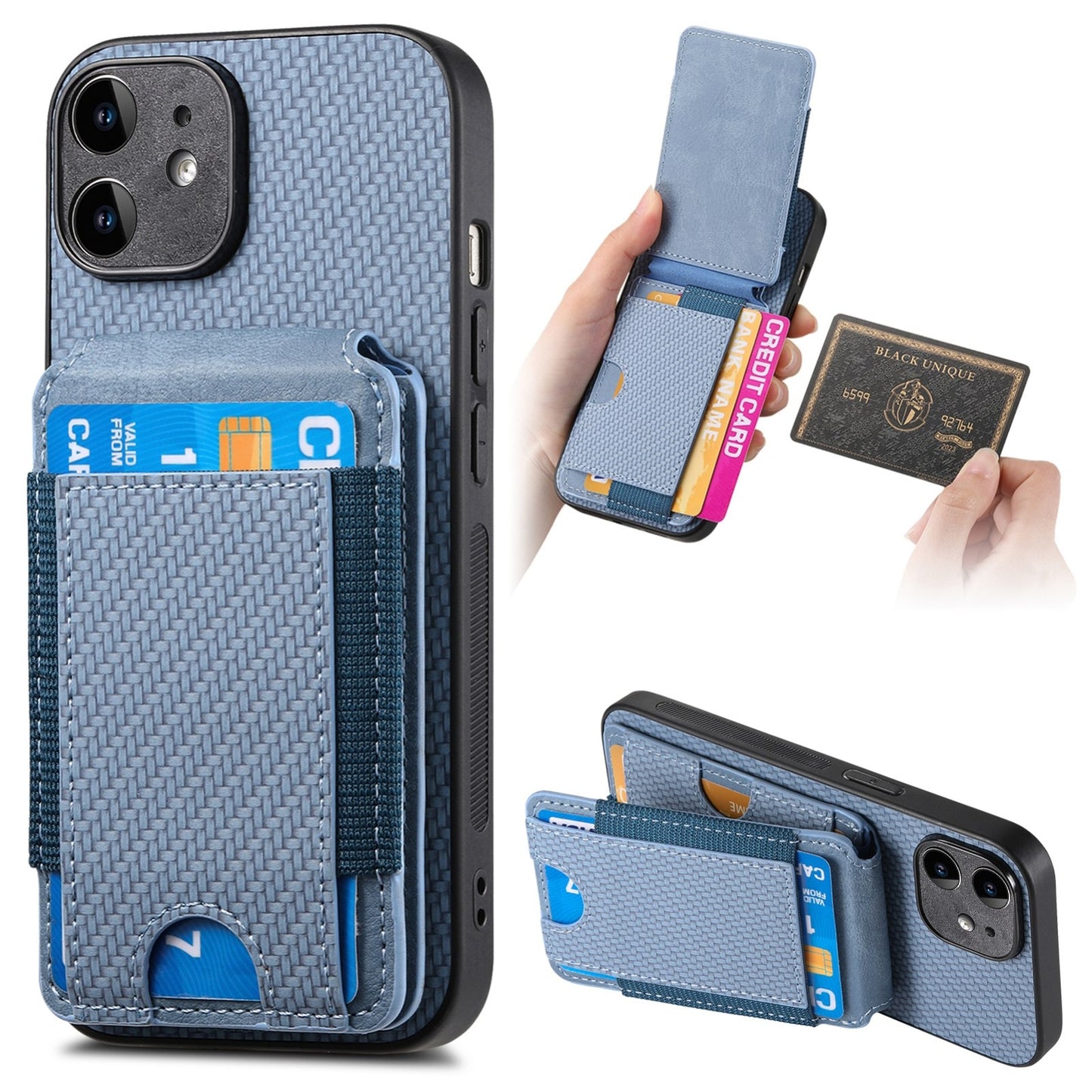 iPhone 12 Vertical Flip Wallet Stand Phone Case with Carbon Fibre Pattern