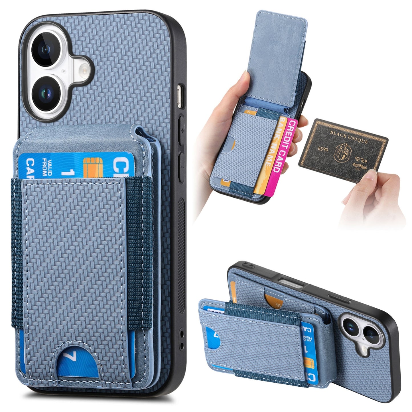 iPhone 16 Vertical Flip Wallet Stand Phone Case with Carbon Fibre Pattern