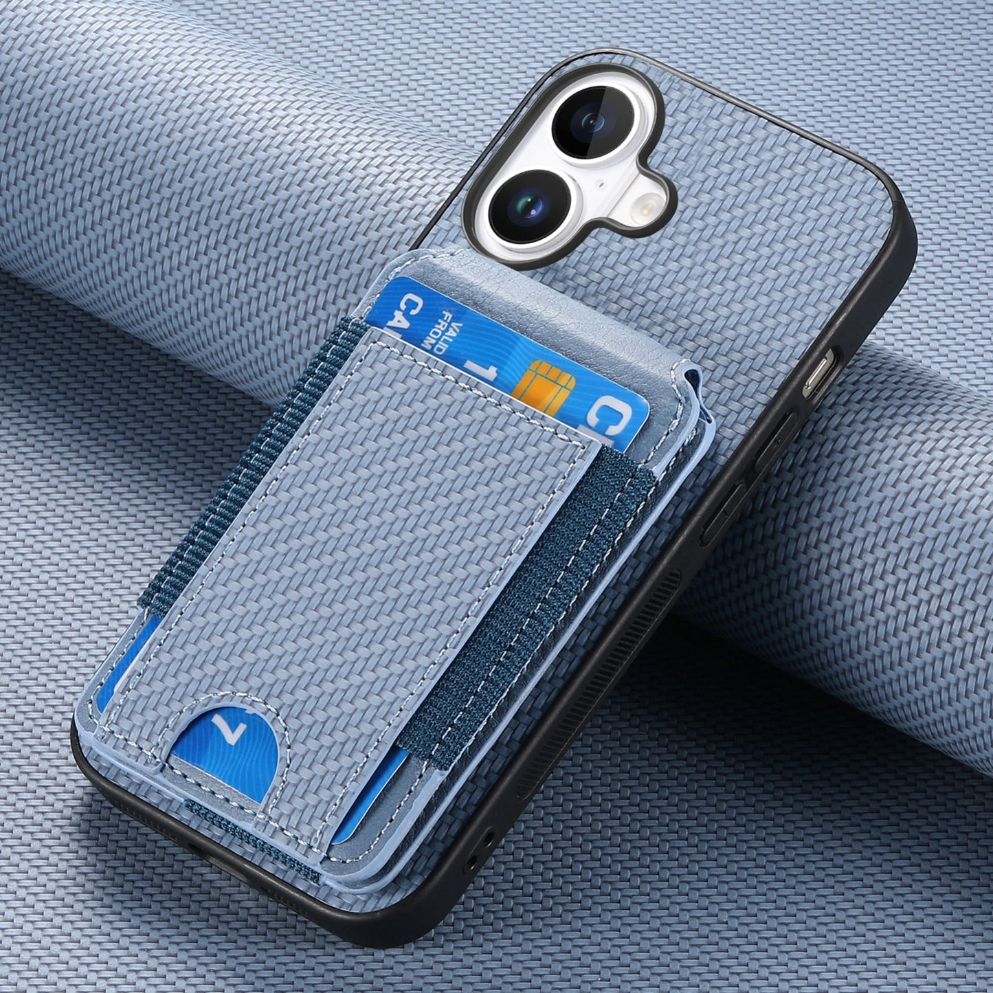 iPhone 16 Vertical Flip Wallet Stand Phone Case with Carbon Fibre Pattern