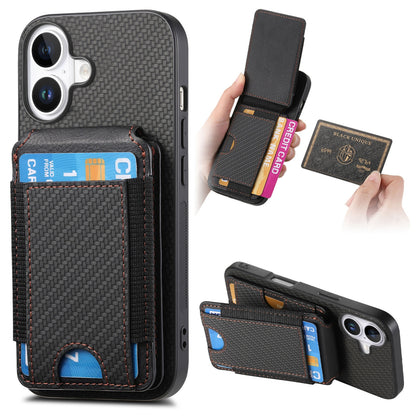 iPhone 16 Vertical Flip Wallet Stand Phone Case with Carbon Fibre Pattern