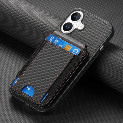iPhone 16 Vertical Flip Wallet Stand Phone Case with Carbon Fibre Pattern