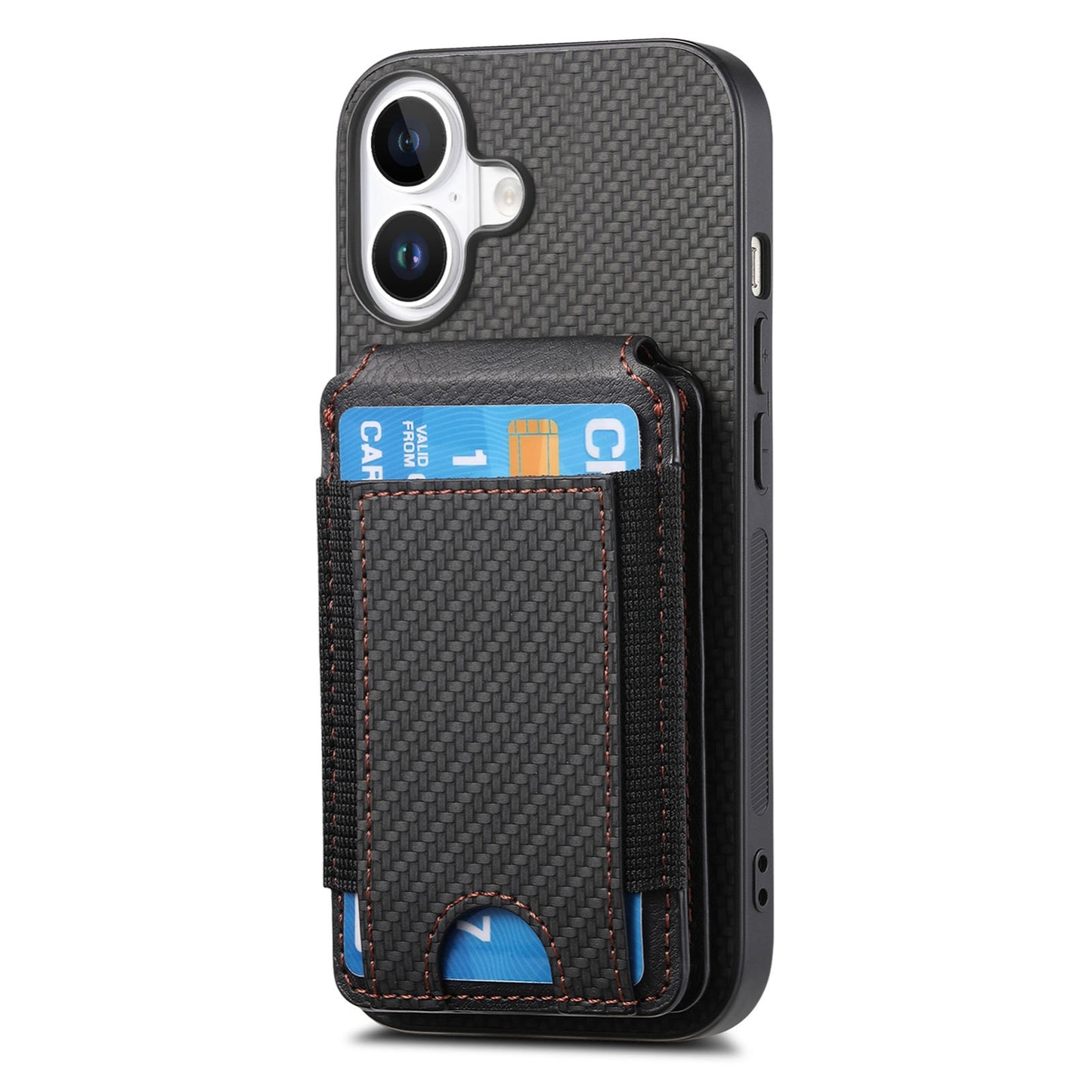 iPhone 16 Vertical Flip Wallet Stand Phone Case with Carbon Fibre Pattern