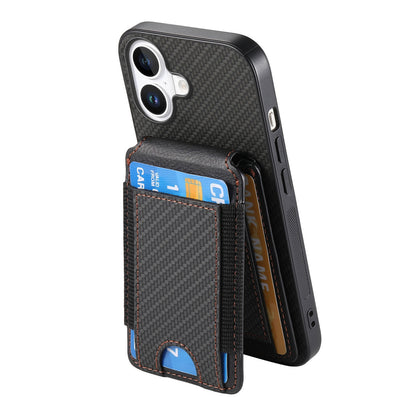 iPhone 16 Vertical Flip Wallet Stand Phone Case with Carbon Fibre Pattern