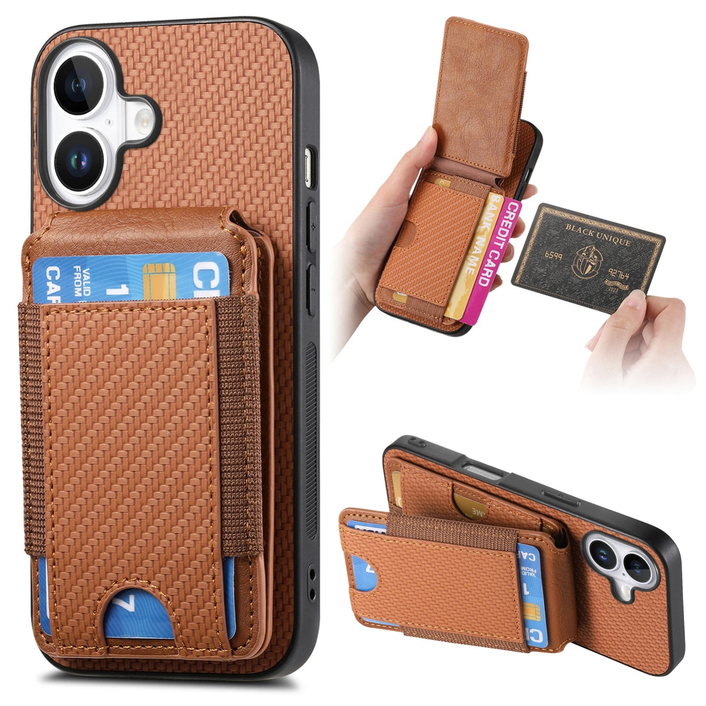 iPhone 16 Vertical Flip Wallet Stand Phone Case with Carbon Fibre Pattern