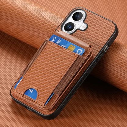 iPhone 16 Vertical Flip Wallet Stand Phone Case with Carbon Fibre Pattern