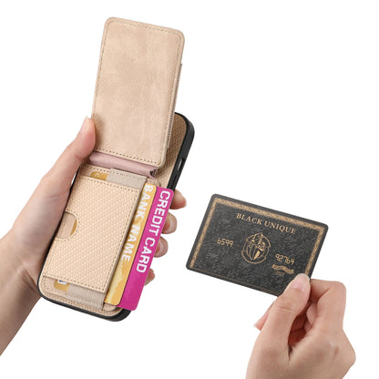 iPhone 16 Vertical Flip Wallet Stand Phone Case with Carbon Fibre Pattern