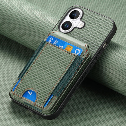 iPhone 16 Vertical Flip Wallet Stand Phone Case with Carbon Fibre Pattern