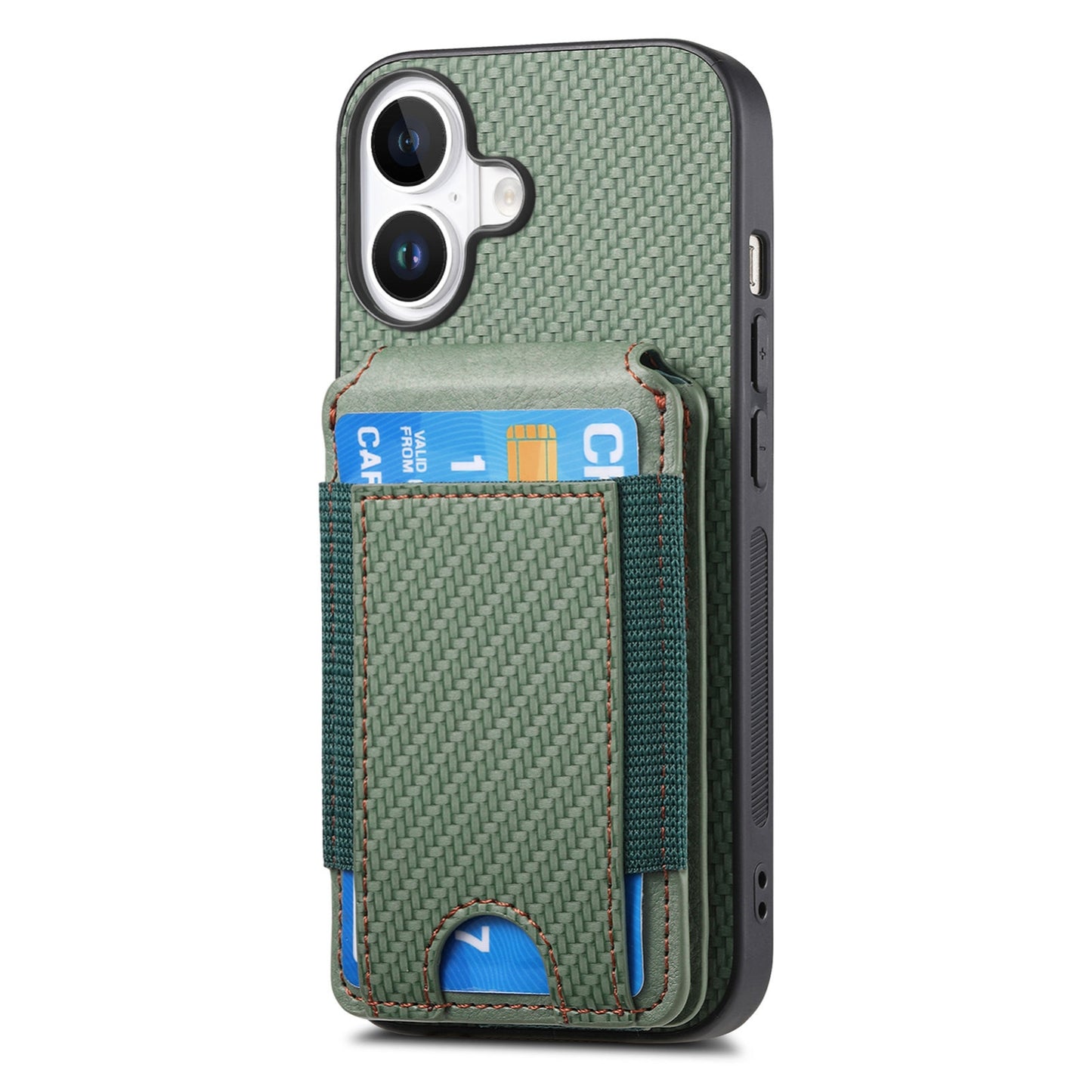 iPhone 16 Vertical Flip Wallet Stand Phone Case with Carbon Fibre Pattern