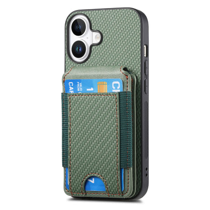 iPhone 16 Vertical Flip Wallet Stand Phone Case with Carbon Fibre Pattern