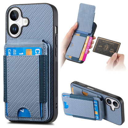 iPhone 16 Plus Vertical Flip Wallet Stand Phone Case with Carbon Fibre Pattern
