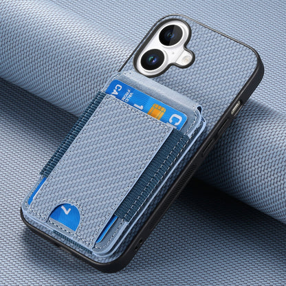 iPhone 16 Plus Vertical Flip Wallet Stand Phone Case with Carbon Fibre Pattern