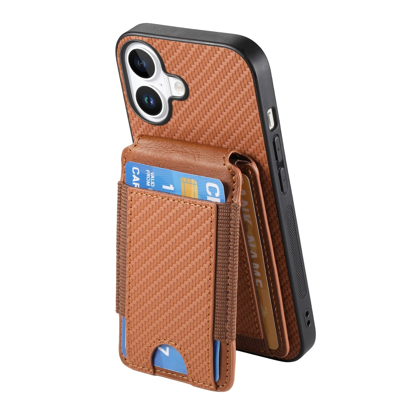 iPhone 16 Plus Vertical Flip Wallet Stand Phone Case with Carbon Fibre Pattern