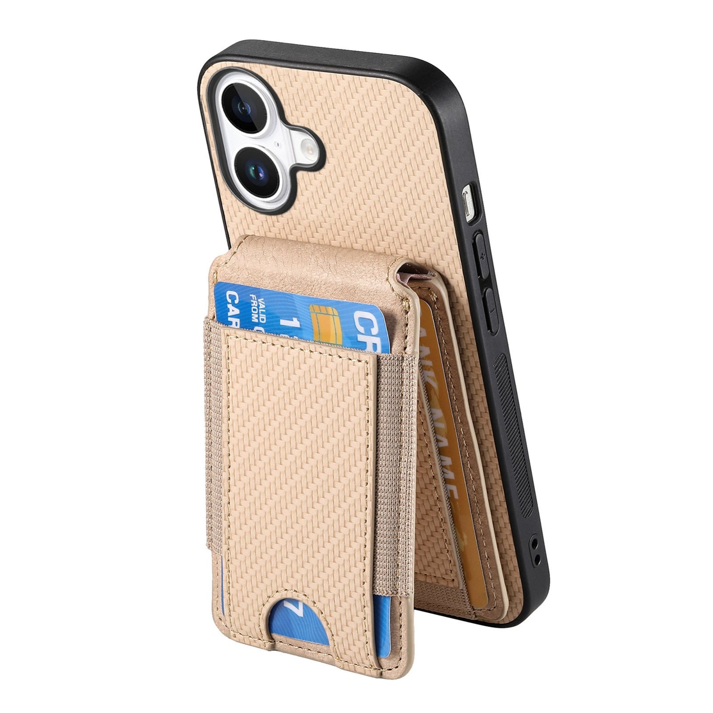 iPhone 16 Plus Vertical Flip Wallet Stand Phone Case with Carbon Fibre Pattern