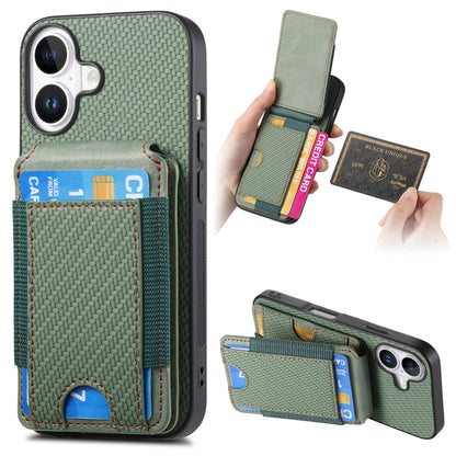 iPhone 16 Plus Vertical Flip Wallet Stand Phone Case with Carbon Fibre Pattern