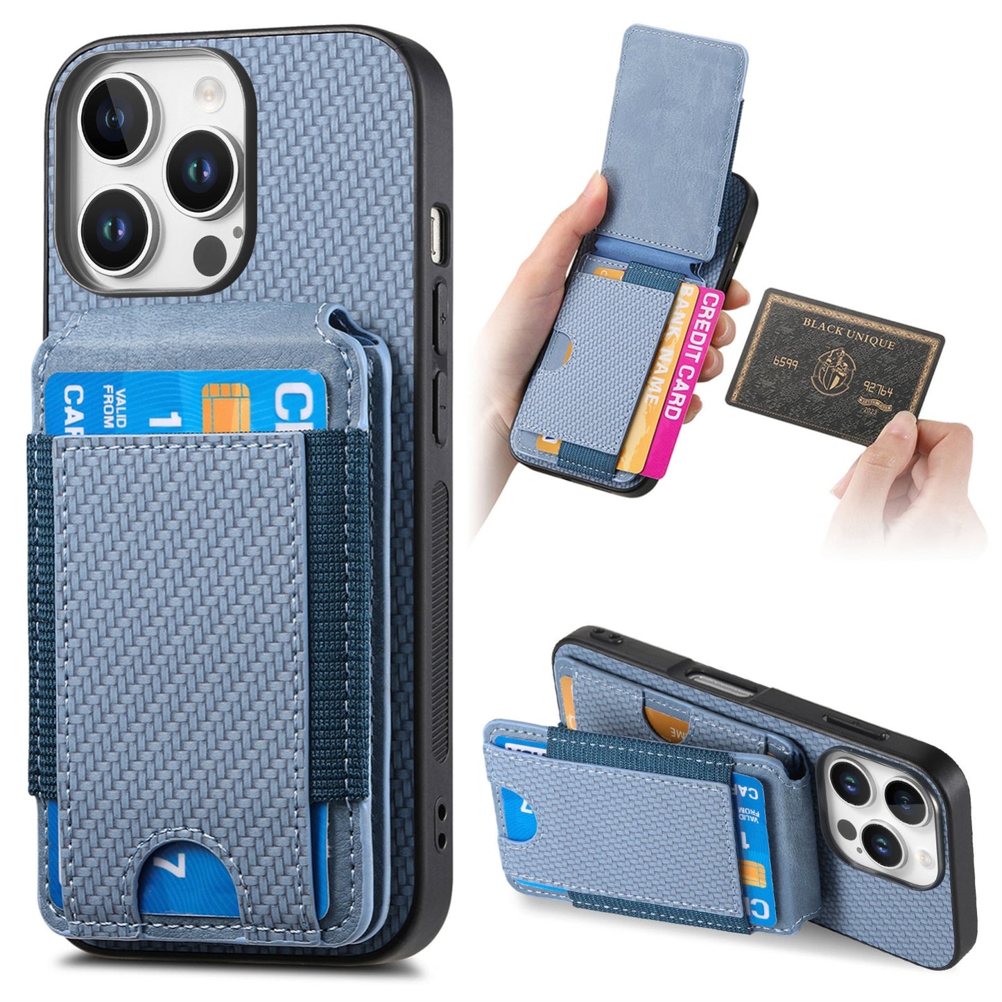 iPhone 16 Pro Max Vertical Flip Wallet Stand Phone Case with Carbon Fibre Pattern