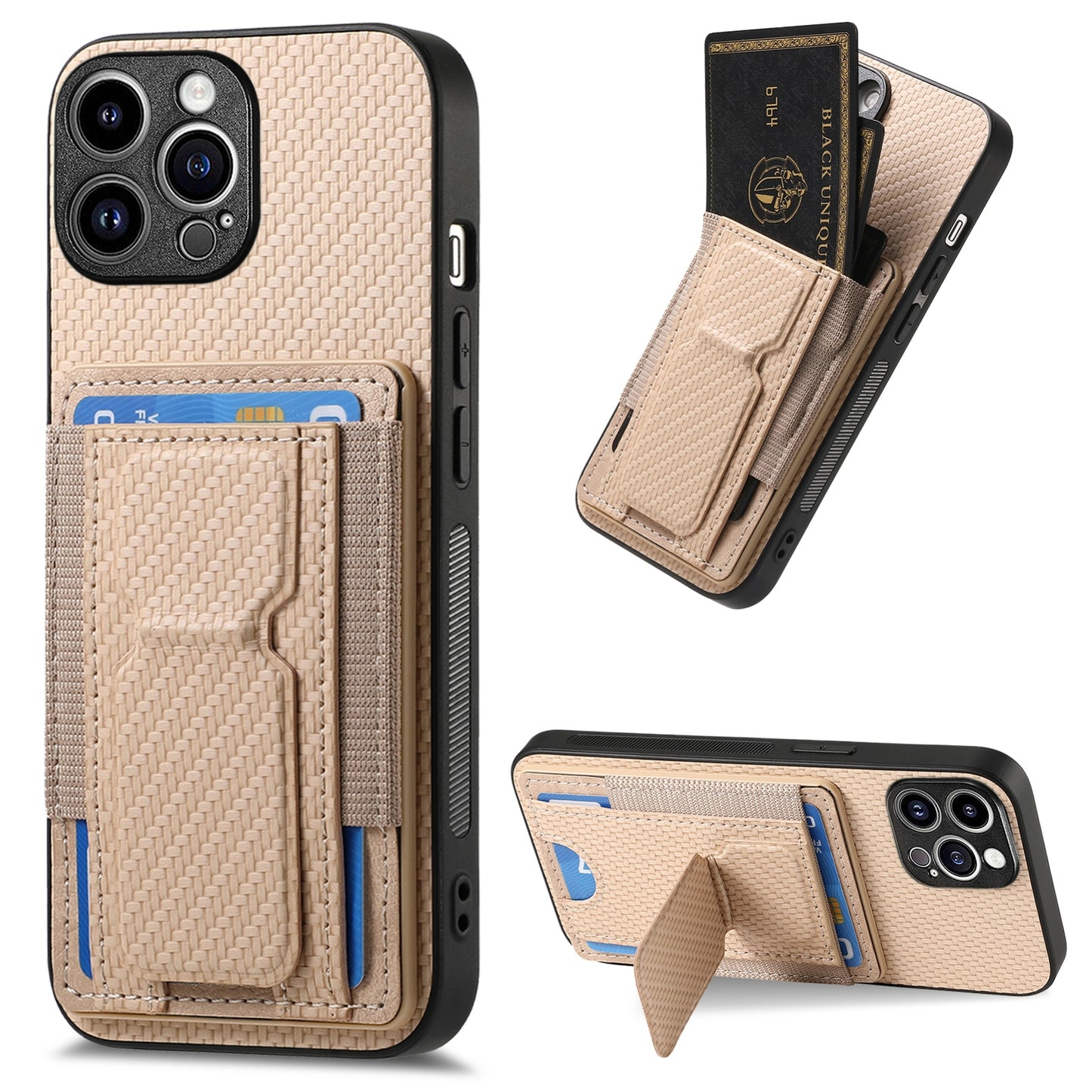 iPhone 15 Pro Max Carbon Fiber Fold Stand Elastic Card Bag Phone Case with Multi-Functional Wallet