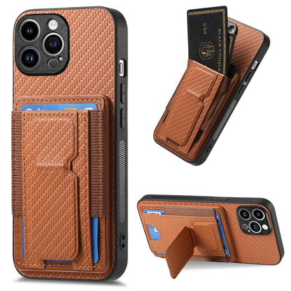 iPhone 15 Pro Carbon Fiber Fold Stand Elastic Card Bag Phone Case with Multi-Functional Wallet