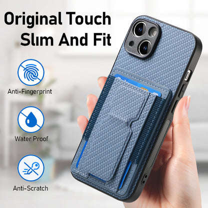 iPhone 15 Carbon Fiber Fold Stand Elastic Card Bag Phone Case with Multi-Functional Wallet