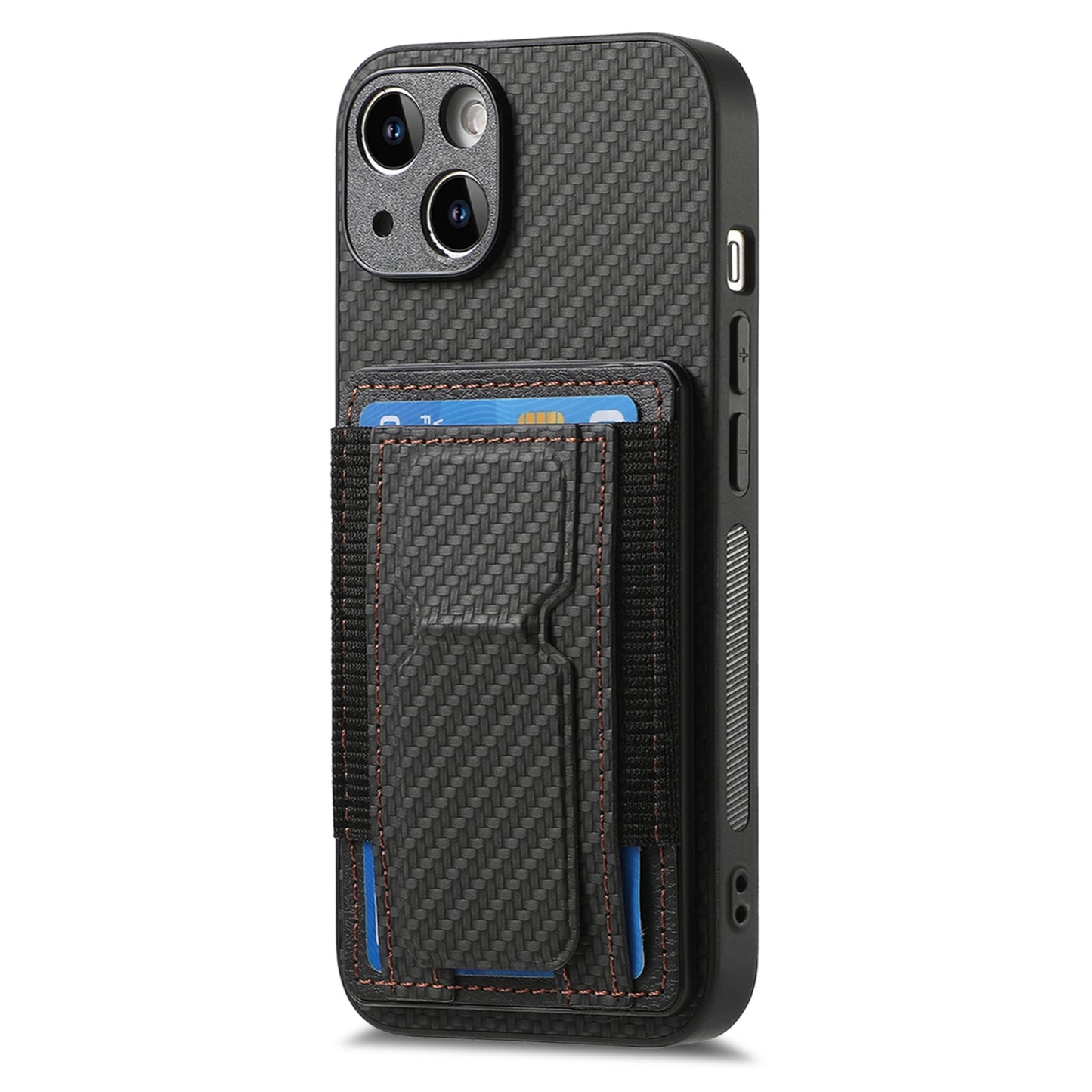iPhone 15 Carbon Fiber Fold Stand Elastic Card Bag Phone Case with Multi-Functional Wallet
