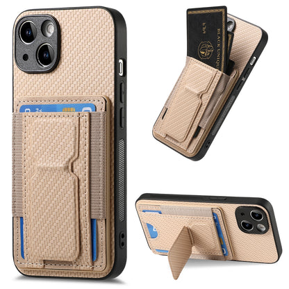 iPhone 15 Carbon Fiber Fold Stand Elastic Card Bag Phone Case with Multi-Functional Wallet